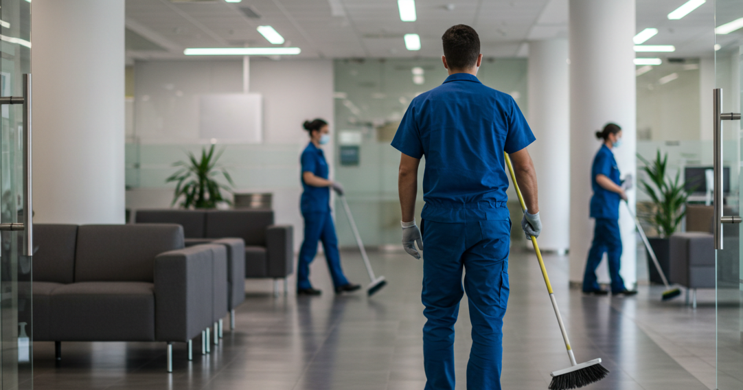 A man cleaning in a pristine office space with glass doors. Two other teammates are pictured in the background. This image reflects Clean Start System's professional facility cleaning services.