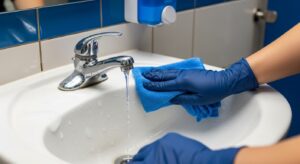 An image of someone cleaning the sink of a public restroom with a cloth, representing Clean Start System's commercial restroom cleaning services.