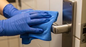 Someone cleaning the door handle in a public restroom