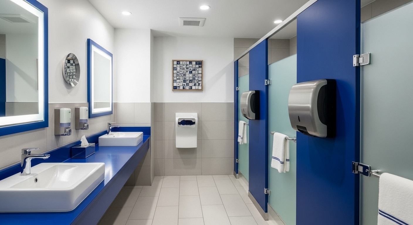 A clean public restroom, representing Clean Start System's commercial restroom cleaning services.